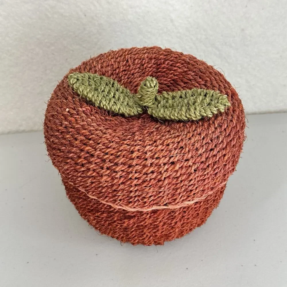 Woven Chunky Red Seagrass Apple-Shaped Basket With Snug Leaf Topped Lid Trinkets